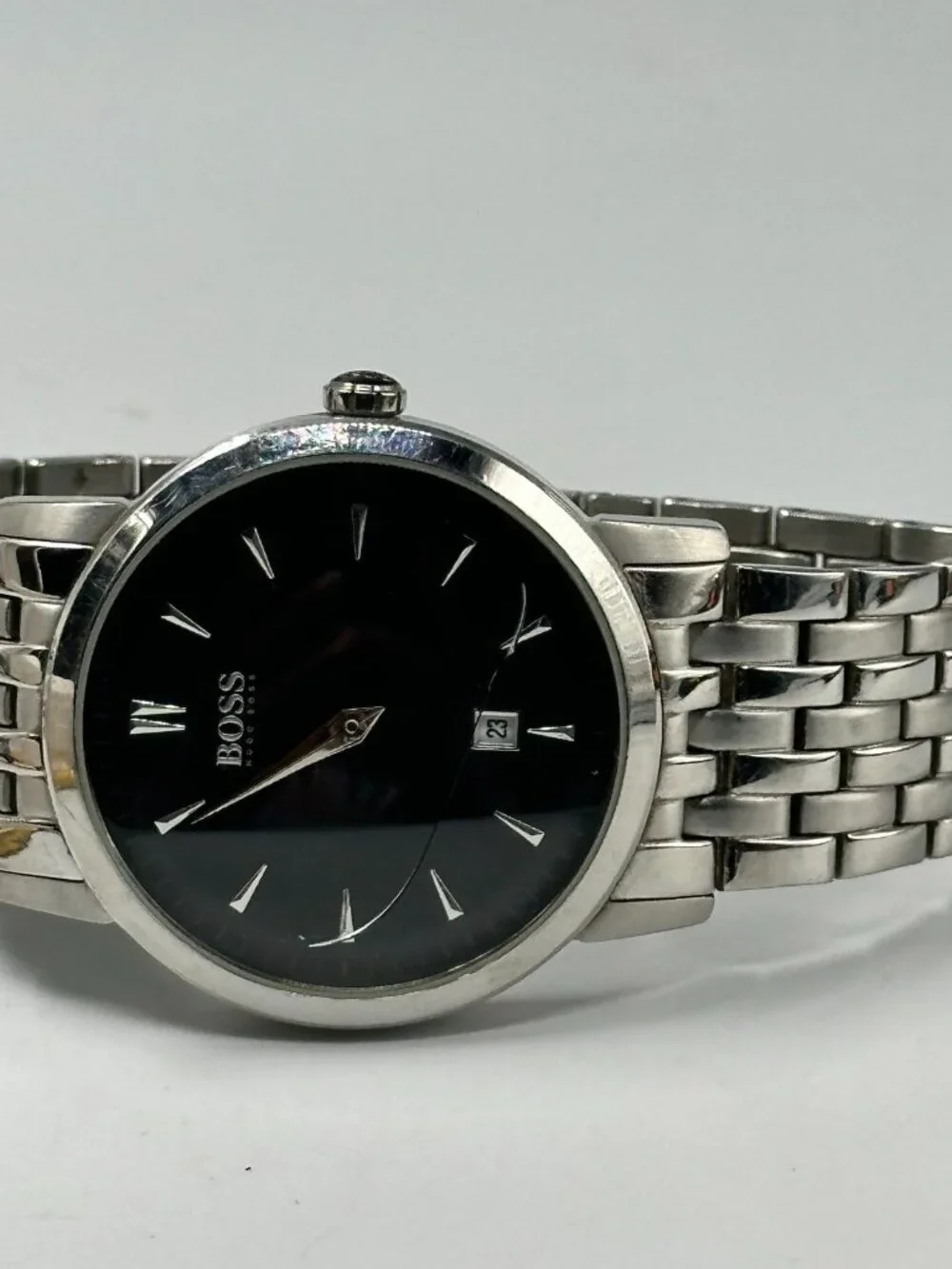 Hugo Boss Mens Watch 40mm Black Dial Date CRACKED Crystal New Battery 7.5